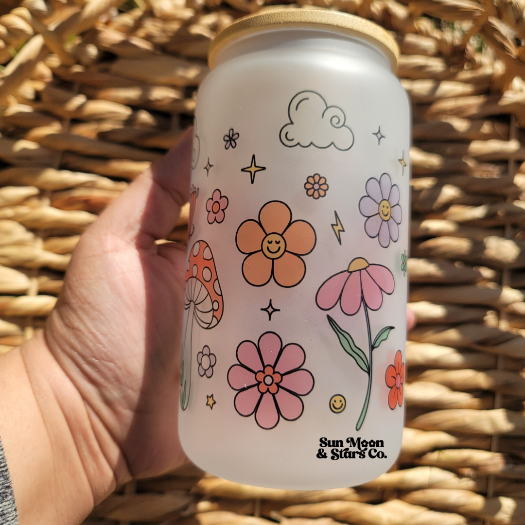 Retro Groovy Boho Daisy Field 16oz Frosted Glass Can