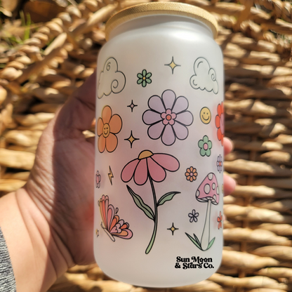 Retro Groovy Boho Daisy Field 16oz Frosted Glass Can