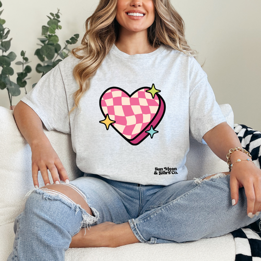 Pink Checkered Heart  | Ash Gray Shirt