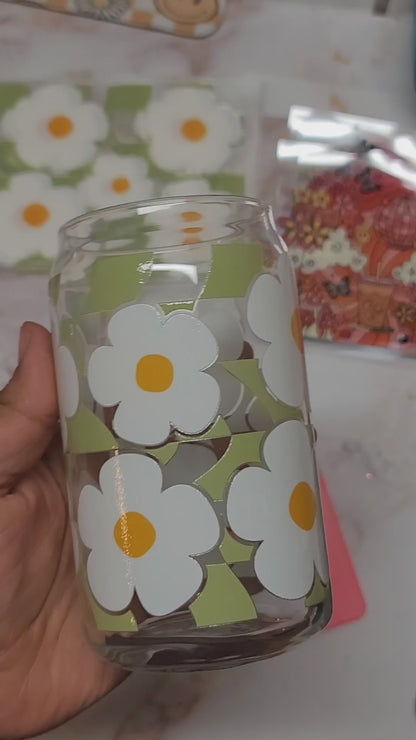 Green Daisy Checkered Glass Can